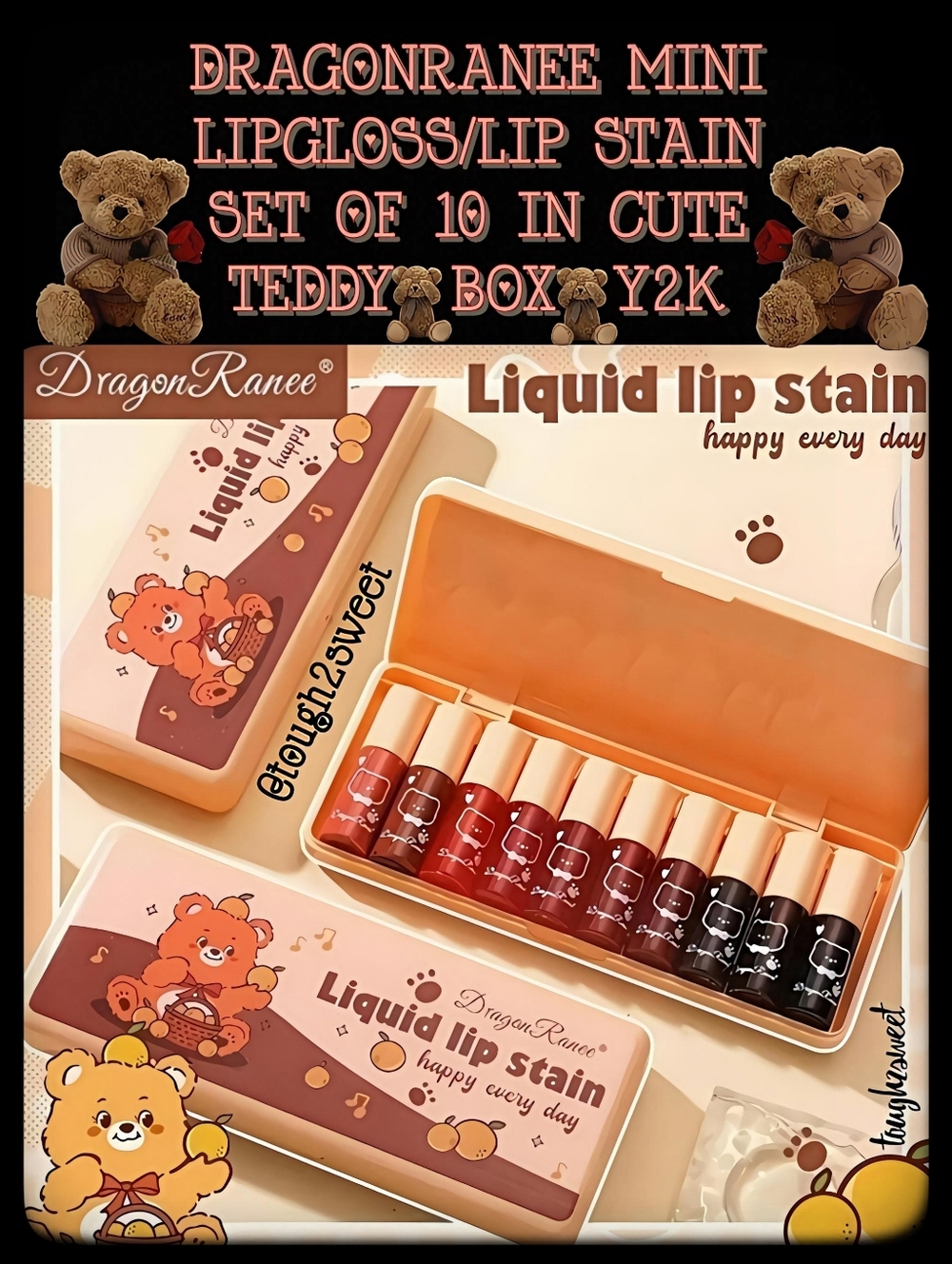 🆕️DRAGONRANEE MINI LIPGLOSS/LIP STAIN SET OF 10 IN CUTE TEDDY🧸BOX🧸 Y2K